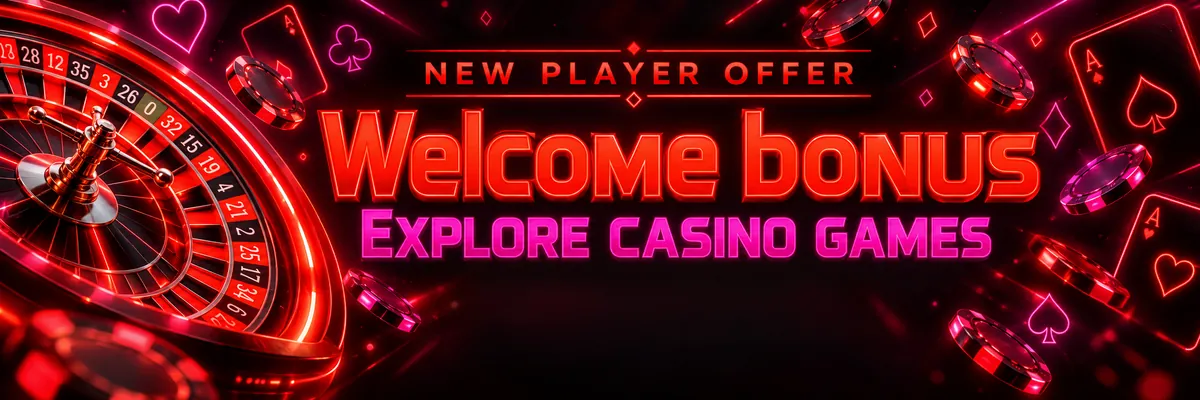 Dark Mate casino welcome banner with glowing red and pink roulette, chip and playing-card graphics